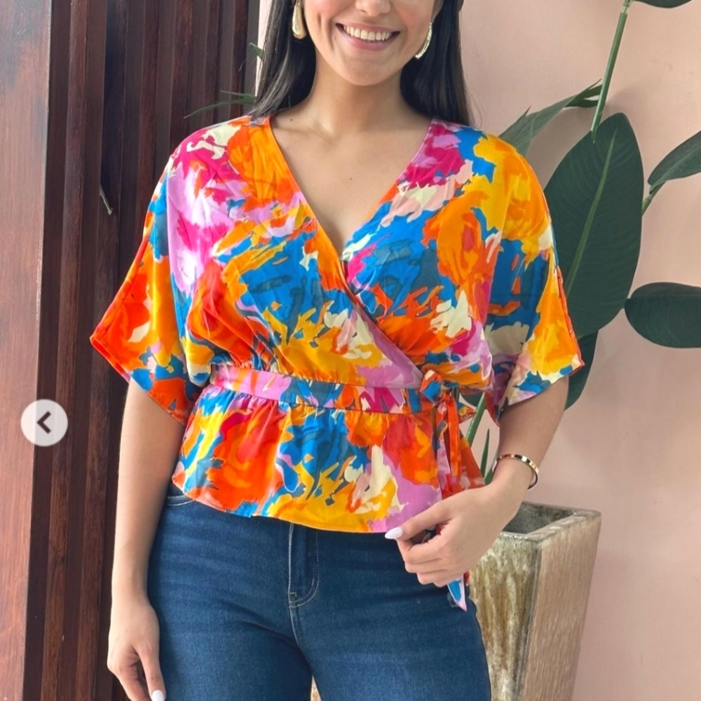 🏷️MARC NY Andrew Marc Orange Blossom Watercolor Wrap Tie Peplum Blous